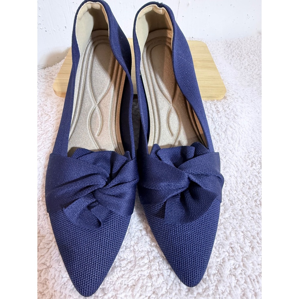 Navy Blue Knit Pointed Toe Bow Flats Cushioned Slip On Shoes Size 41